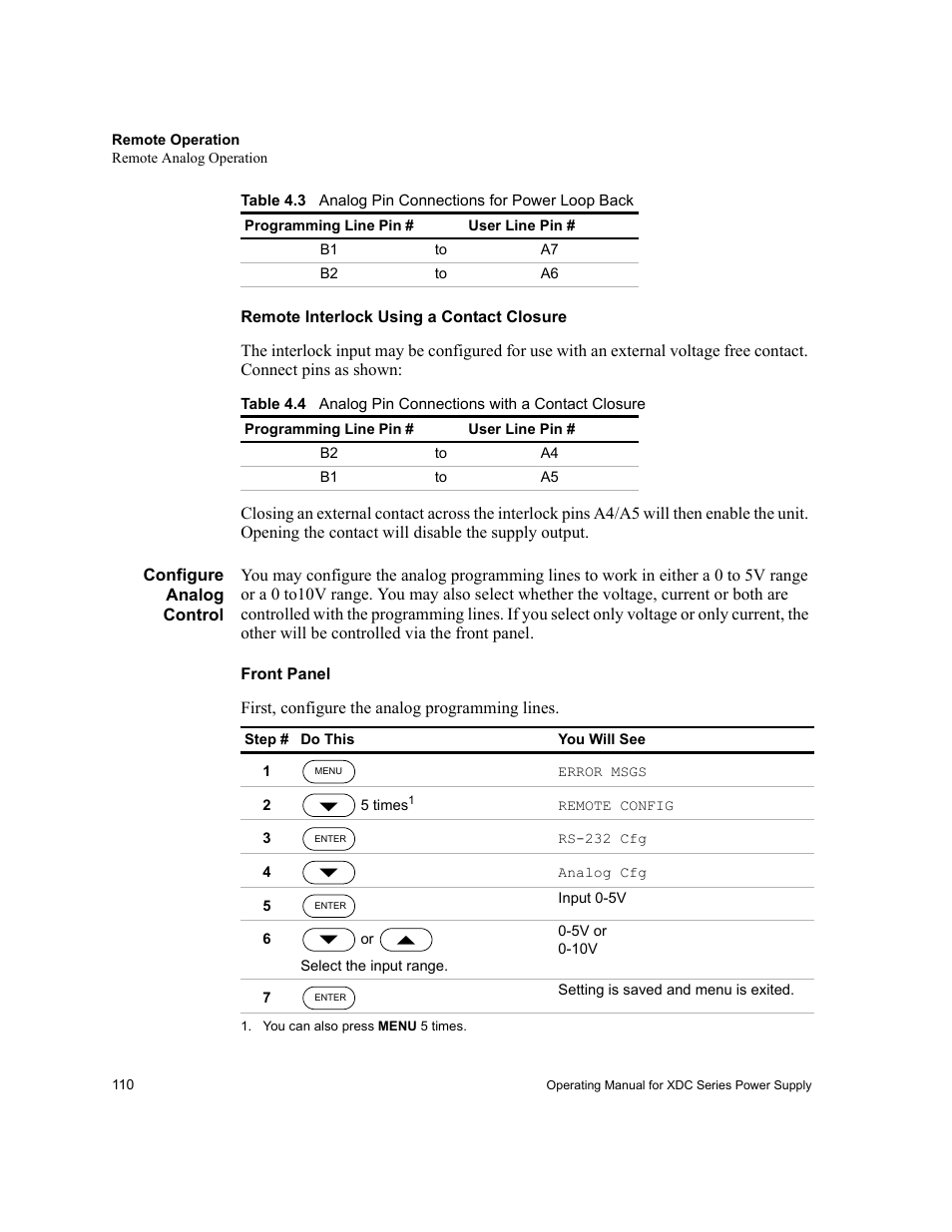 Remote interlock using a contact closure, Configure analog control, Front panel | Table 4.3, Analog pin connections for power loop back, Table 4.4, Analog pin connections with a contact closure | Xantrex Technology XDC User Manual | Page 112 / 254