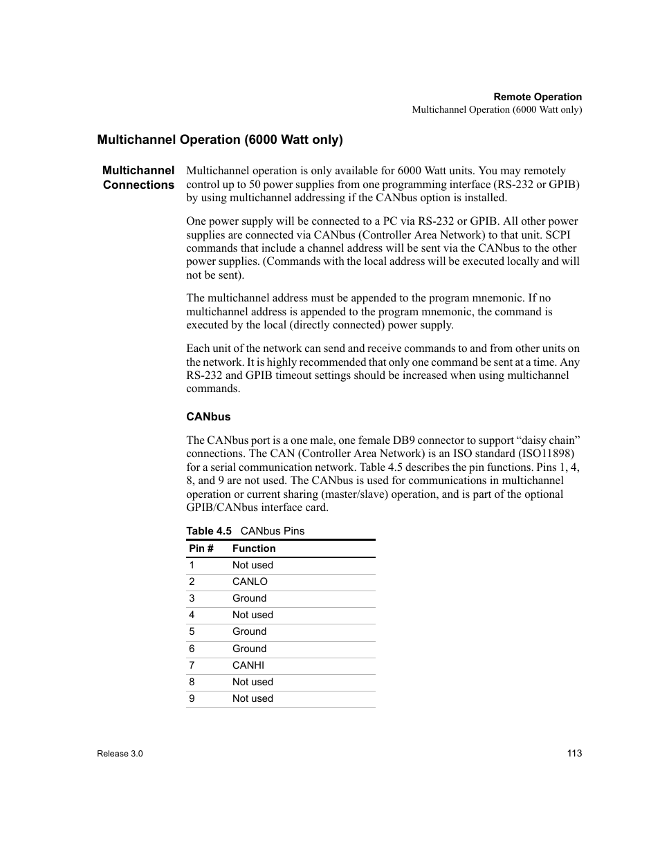 Multichannel operation (6000watt only), Multichannel connections, Canbus | Multichannel operation (6000 watt only), Table 4.5, Canbus pins | Xantrex Technology XDC User Manual | Page 115 / 254