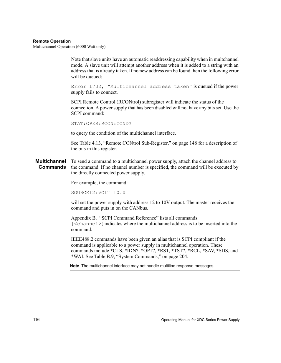 Multichannel commands, Note | Xantrex Technology XDC User Manual | Page 118 / 254