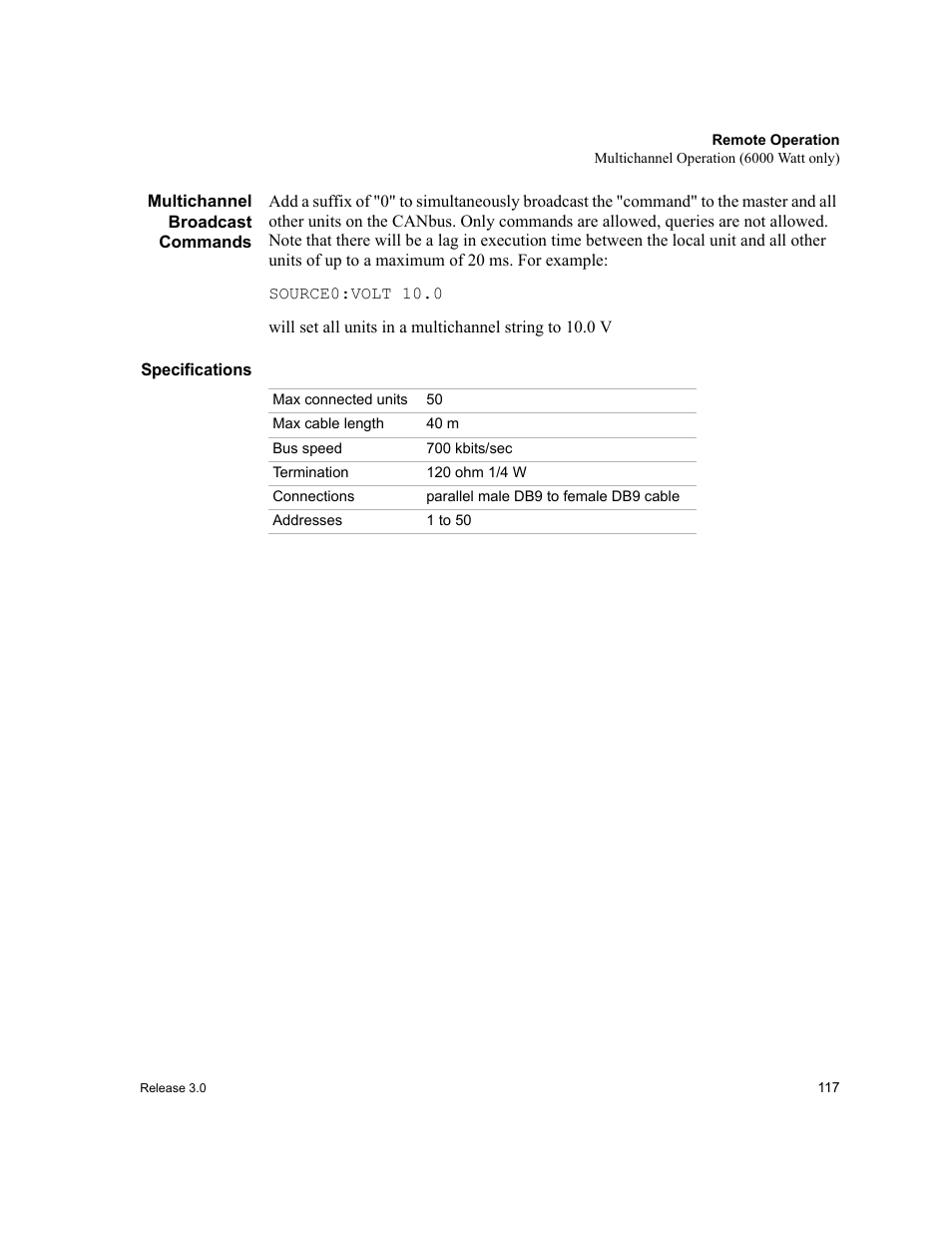 Multichannel broadcast commands, Specifications, Multichannel broadcast commands specifications | Xantrex Technology XDC User Manual | Page 119 / 254