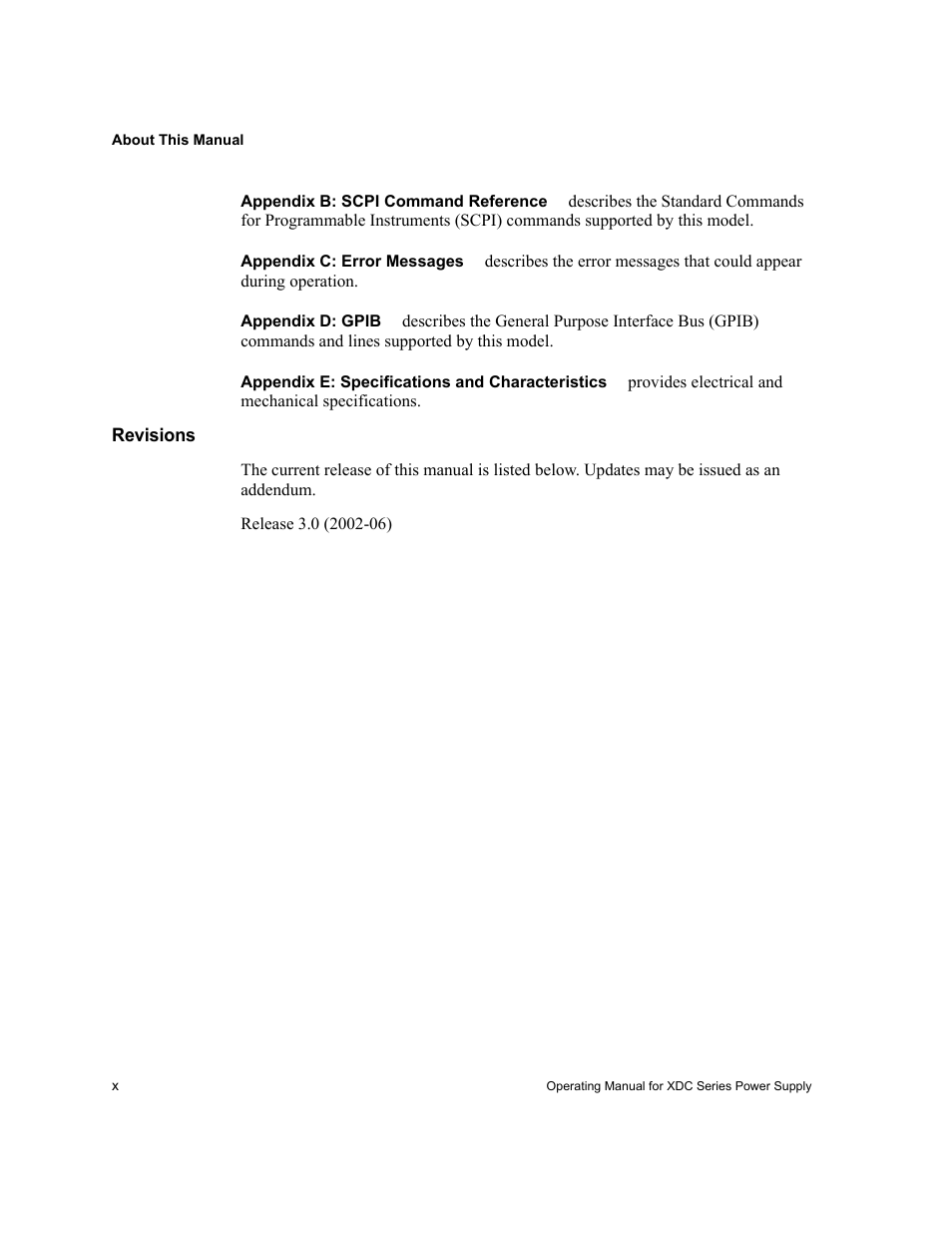 Appendixb: scpi command reference, Appendixc: error messages, Appendixd: gpib | Appendixe: specifications and characteristics, Revisions | Xantrex Technology XDC User Manual | Page 12 / 254