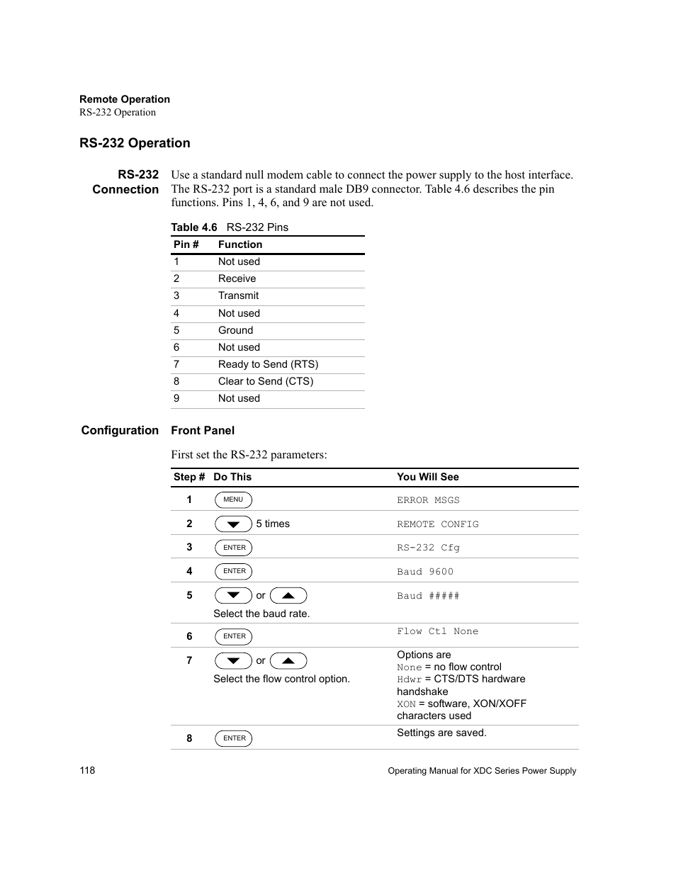 Rs-232 operation, Rs-232 connection, Configuration | Front panel, Rs-232 connection configuration, Table 4.6, Rs-232 pins | Xantrex Technology XDC User Manual | Page 120 / 254