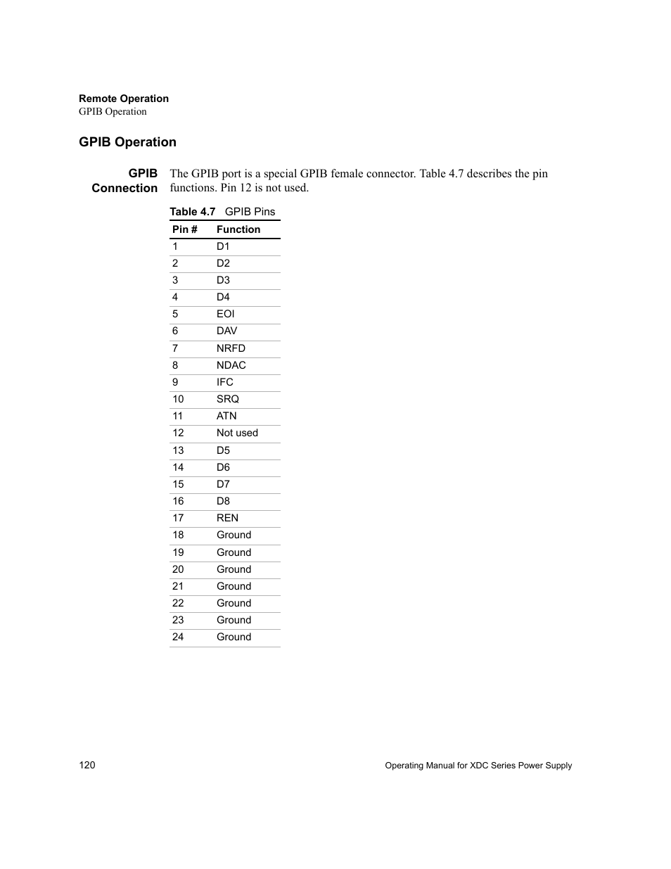 Gpib operation, Gpib connection, Table 4.7 | Gpib pins | Xantrex Technology XDC User Manual | Page 122 / 254