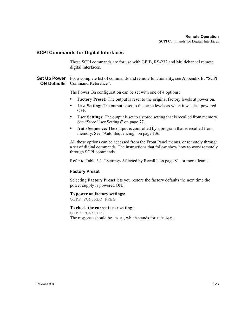 Scpi commands for digital interfaces, Set up power on defaults, Factory preset | Xantrex Technology XDC User Manual | Page 125 / 254