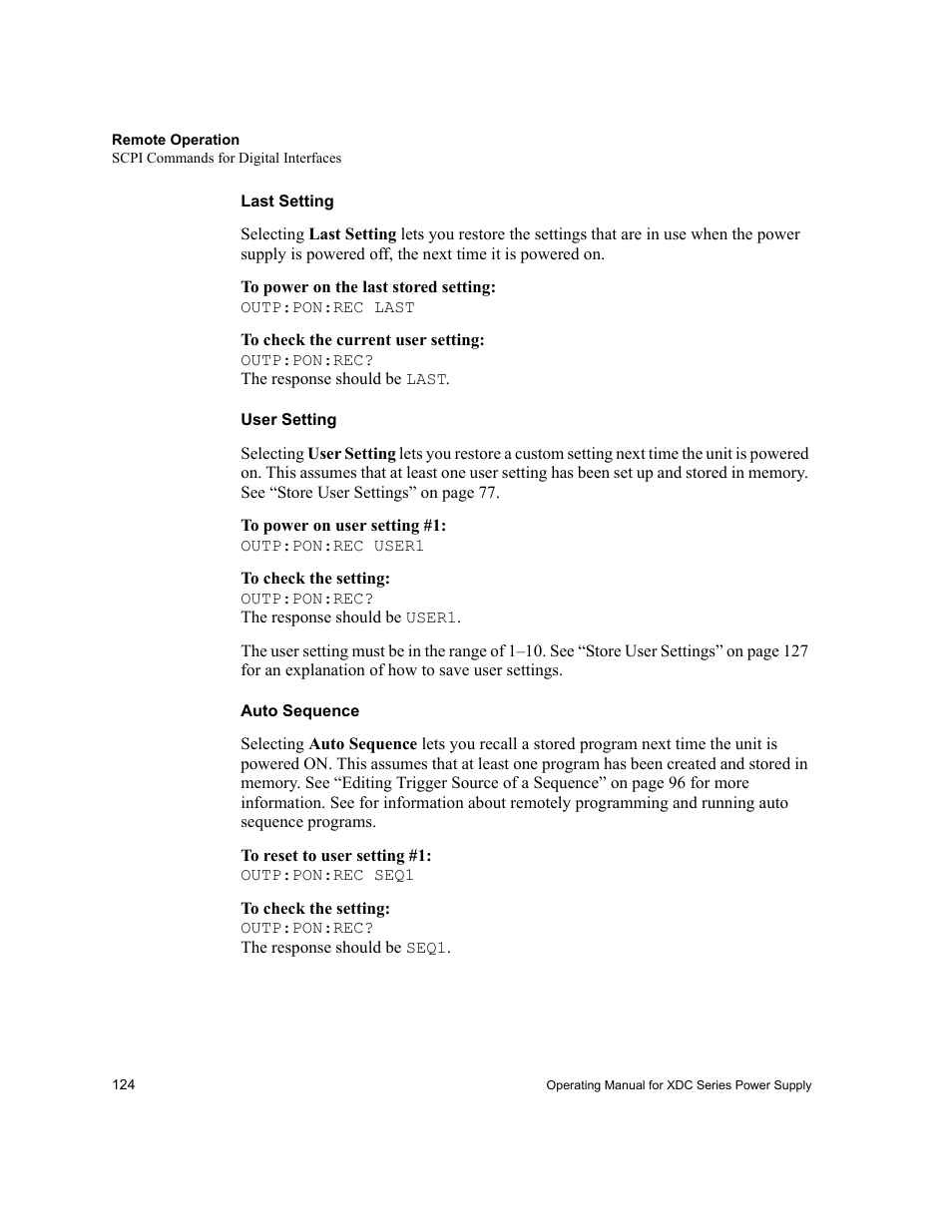 Last setting, User setting, Auto sequence | Xantrex Technology XDC User Manual | Page 126 / 254