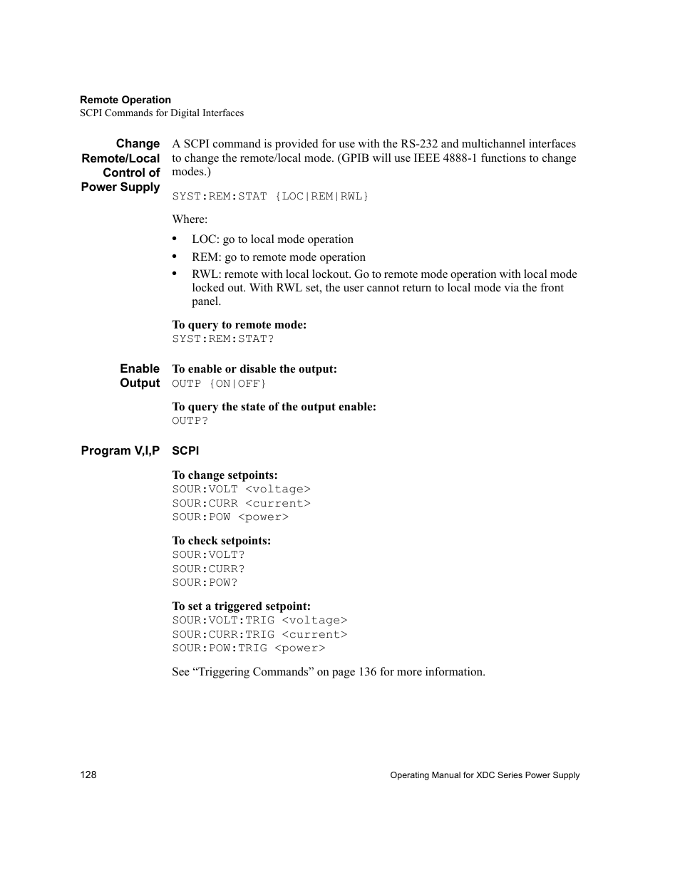 Change remote/local control of power supply, Enable output, Program v,i,p | Scpi, Enable output program v,i,p | Xantrex Technology XDC User Manual | Page 130 / 254