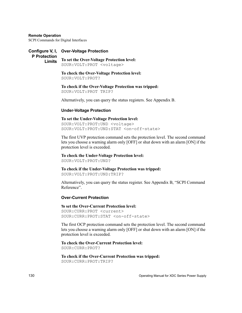 Configure v, i, p protection limits, Over-voltage protection, Under-voltage protection | Over-current protection | Xantrex Technology XDC User Manual | Page 132 / 254