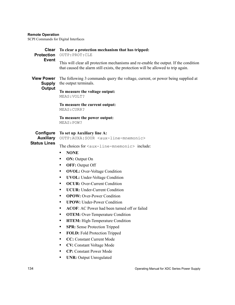 Clear protection event, View power supply output, Configure auxiliary status lines | Xantrex Technology XDC User Manual | Page 136 / 254