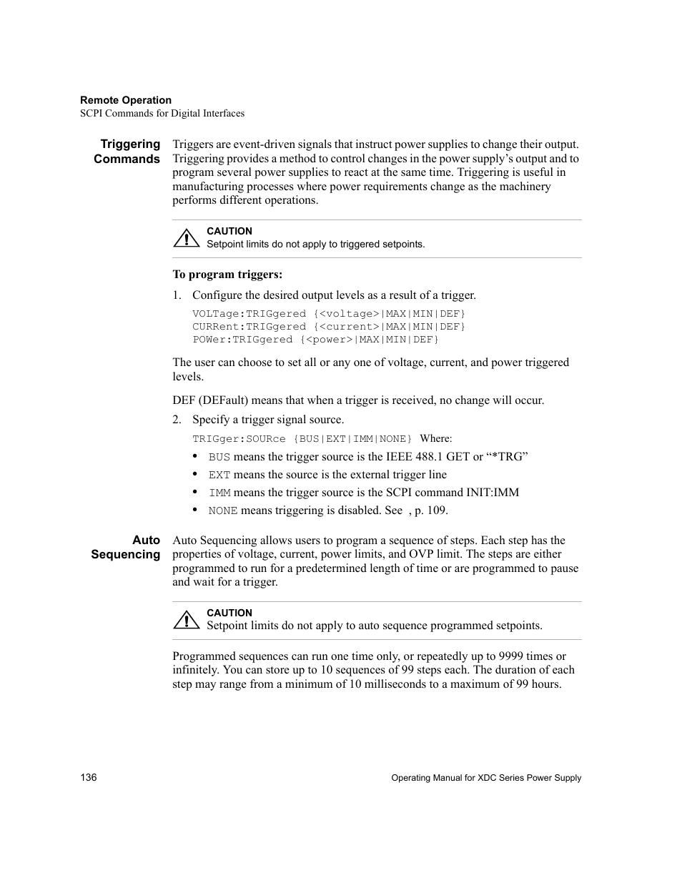 Triggering commands, Specify a trigger signal source, Auto sequencing | Triggering commands auto sequencing | Xantrex Technology XDC User Manual | Page 138 / 254