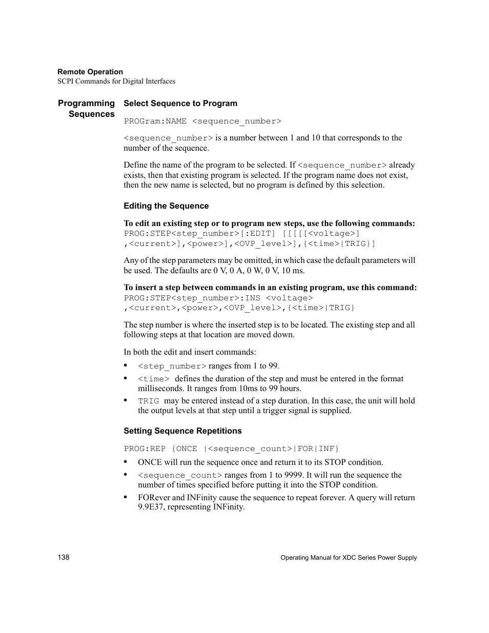 Programming sequences, Select sequence to program, Editing the sequence | Setting sequence repetitions | Xantrex Technology XDC User Manual | Page 140 / 254