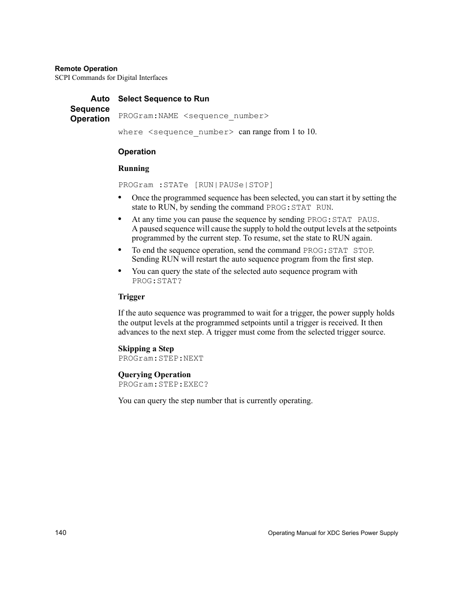Auto sequence operation, Select sequence to run, Operation | Xantrex Technology XDC User Manual | Page 142 / 254
