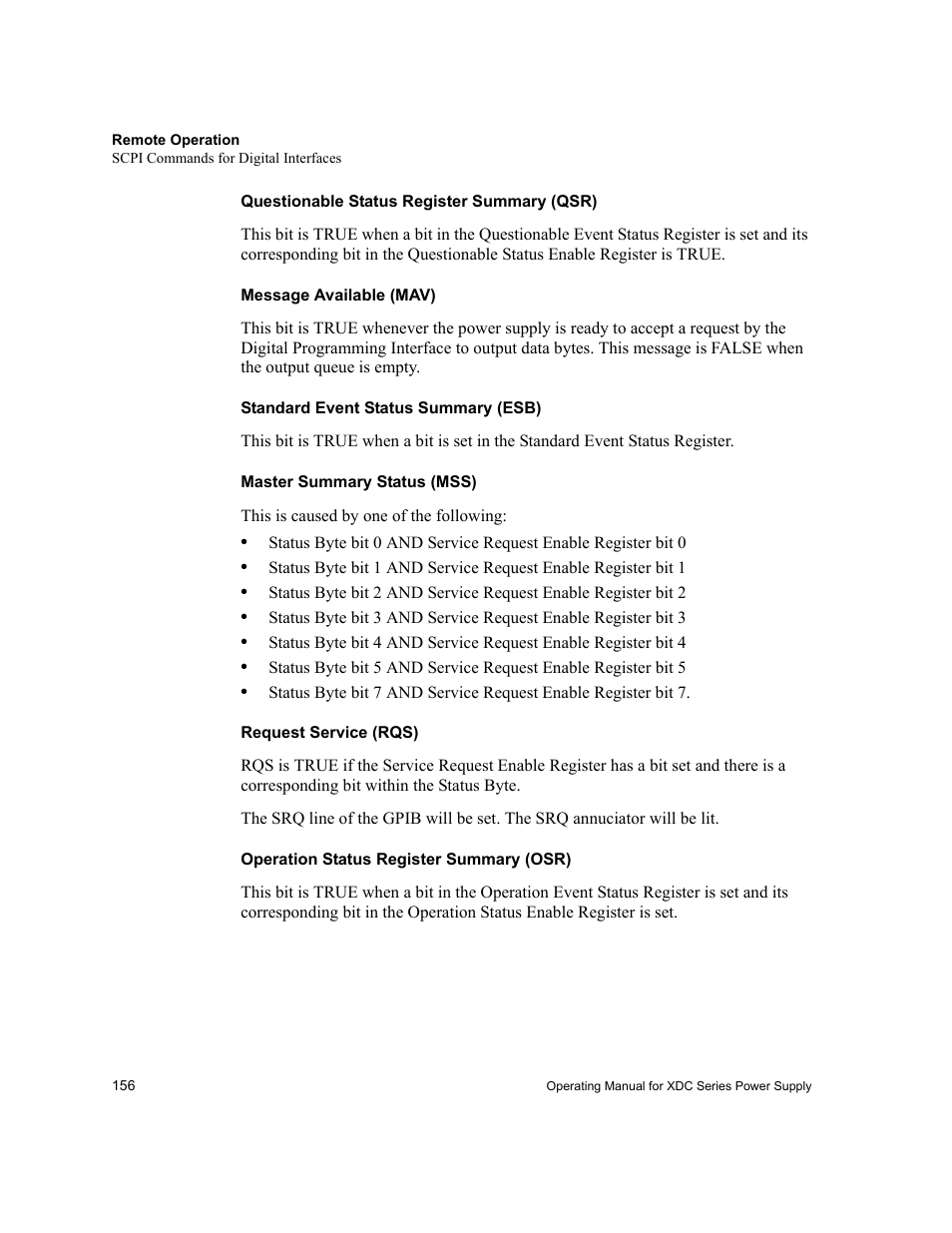 Questionable status register summary (qsr), Message available (mav), Standard event status summary (esb) | Master summary status (mss), Request service (rqs), Operation status register summary (osr) | Xantrex Technology XDC User Manual | Page 158 / 254