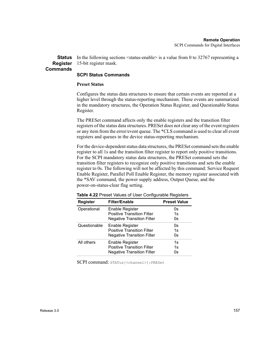 Status register commands, Scpi status commands, Table 4.22 | Preset values of user configurable registers | Xantrex Technology XDC User Manual | Page 159 / 254