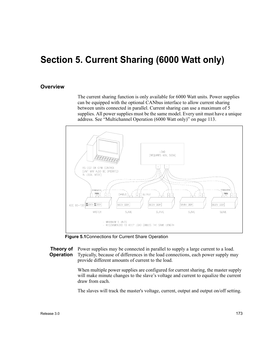 Section 5. current sharing (6000watt only), Overview, Figure 5.1 connections for current share operation | Theory of operation, Section 5. current sharing (6000 watt only), Figure 5.1, Connections for current share operation, Section 5, “current sharing (6000 watt only)”.) | Xantrex Technology XDC User Manual | Page 175 / 254