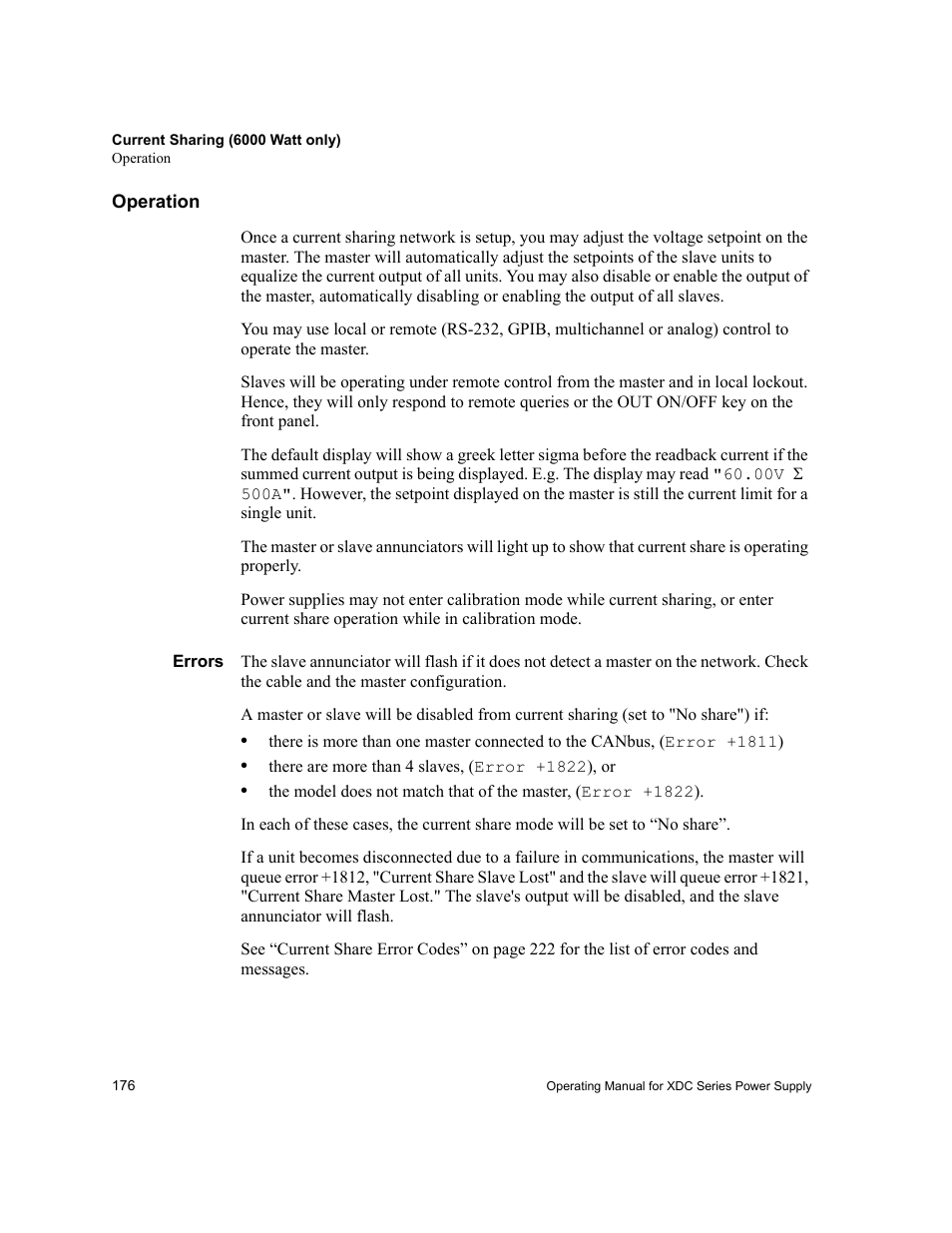 Operation, Errors | Xantrex Technology XDC User Manual | Page 178 / 254
