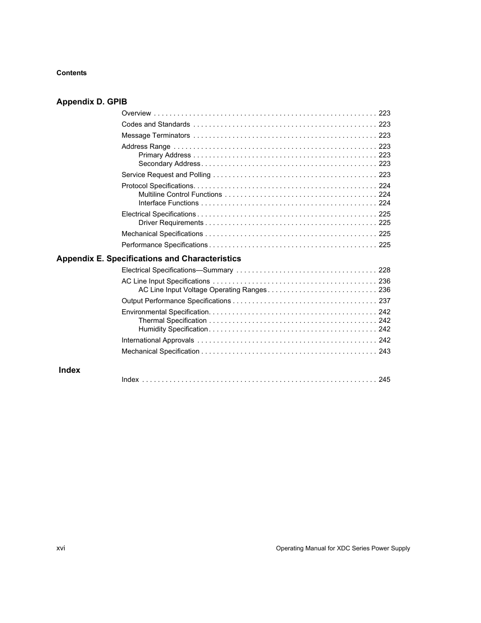 Appendixd. gpib, Appendixe. specifications and characteristics, Index | Xantrex Technology XDC User Manual | Page 18 / 254