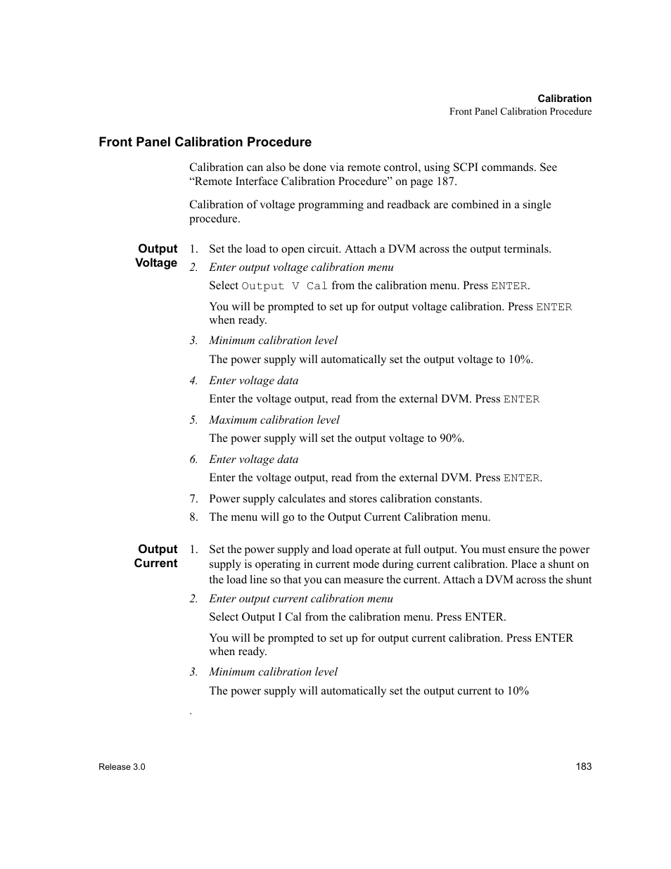 Front panel calibration procedure, Output voltage, Enter output voltage calibration menu | Minimum calibration level, Enter voltage data, Maximum calibration level, Output current, Enter output current calibration menu, Output voltage output current | Xantrex Technology XDC User Manual | Page 185 / 254