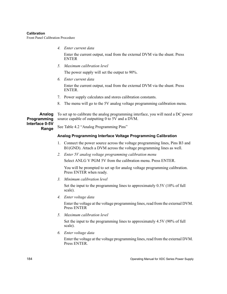 Enter current data, Maximum calibration level, Analog programming interface 0-5v range | Minimum calibration level, Enter voltage data | Xantrex Technology XDC User Manual | Page 186 / 254