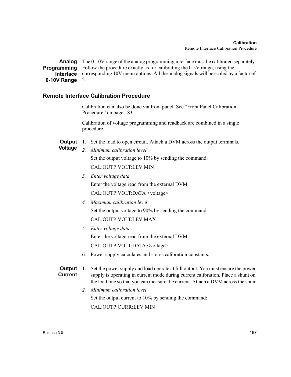 Analog programming interface 0-10v range, Remote interface calibration procedure, Output voltage | Minimum calibration level, Enter voltage data, Maximum calibration level, Output current, Output voltage output current | Xantrex Technology XDC User Manual | Page 189 / 254