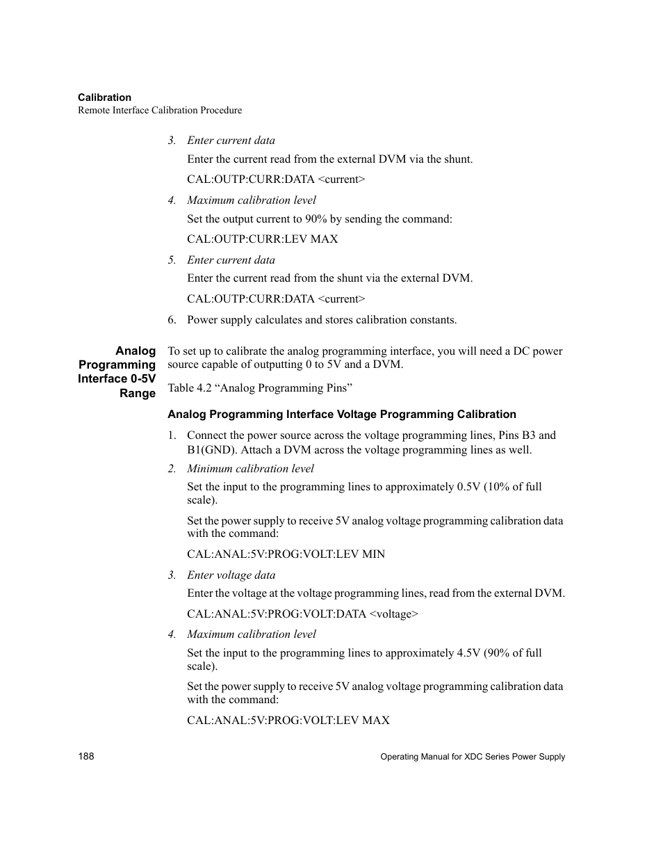 Enter current data, Maximum calibration level, Analog programming interface 0-5v range | Minimum calibration level, Enter voltage data | Xantrex Technology XDC User Manual | Page 190 / 254