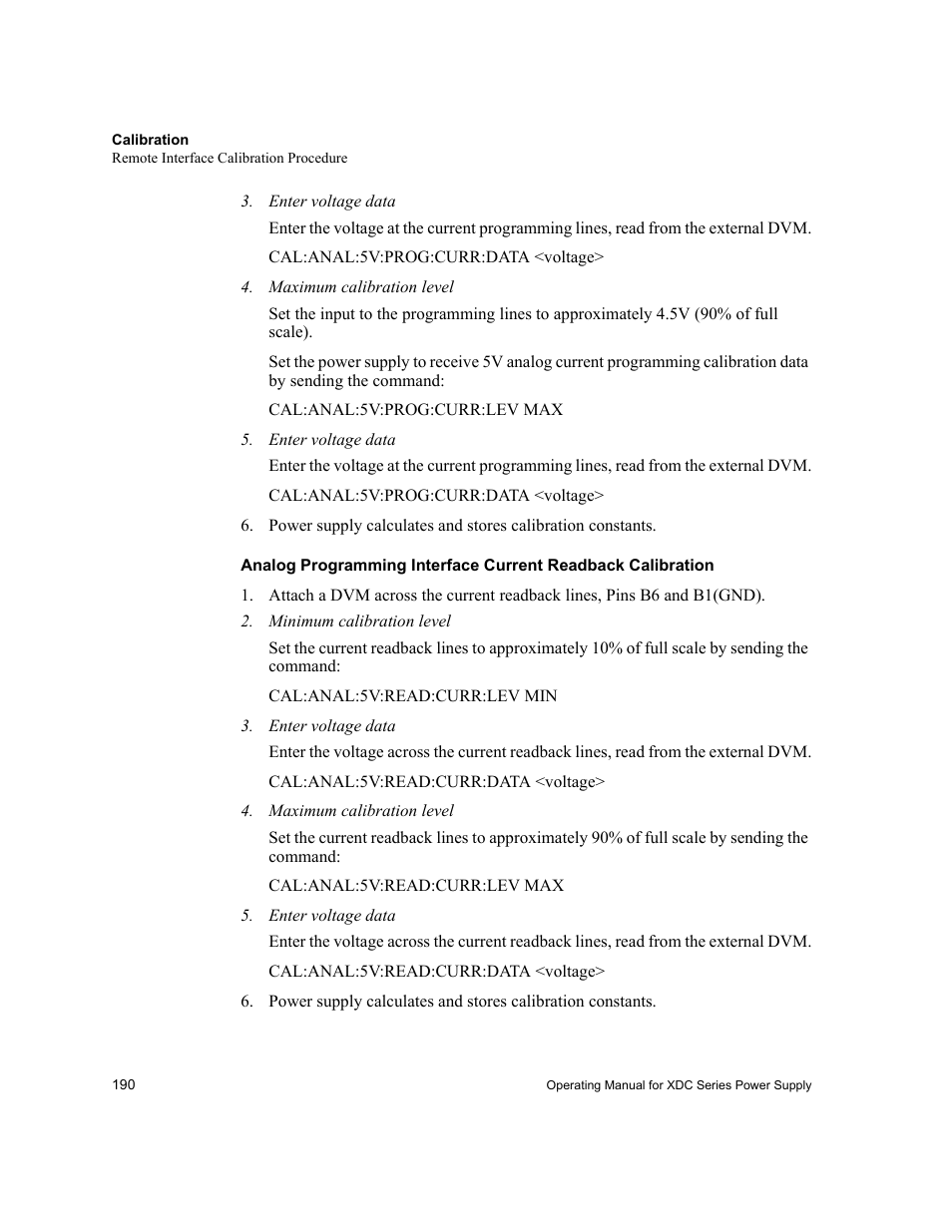 Enter voltage data, Maximum calibration level, Minimum calibration level | Xantrex Technology XDC User Manual | Page 192 / 254