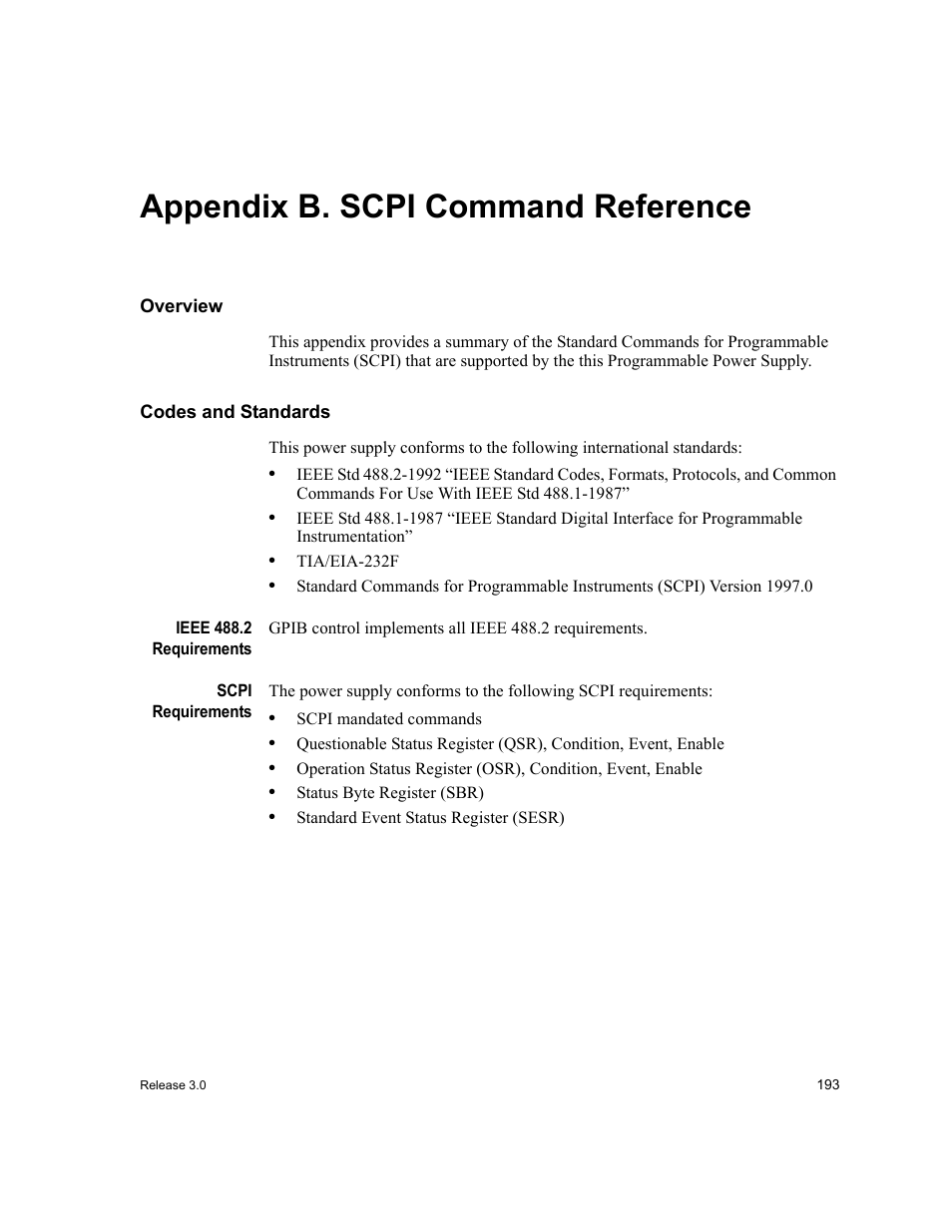 Appendixb. scpi command reference, Overview, Codes and standards | Ieee 488.2 requirements, Scpi requirements, Appendix b. scpi command reference, Overview codes and standards, Ieee 488.2 requirements scpi requirements, Ndix b. “scpi command reference”, and a, See appendix b, “scpi command reference | Xantrex Technology XDC User Manual | Page 195 / 254