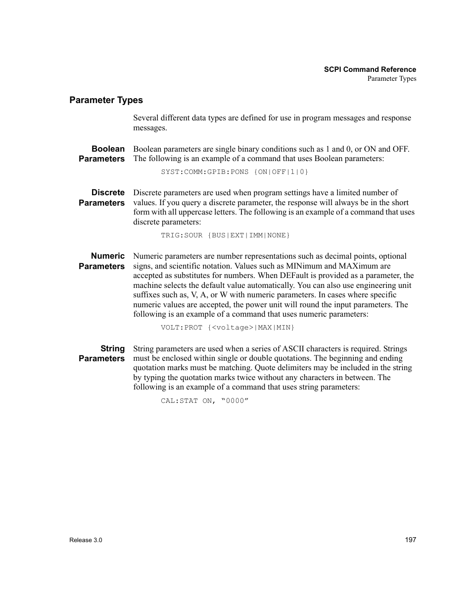 Parameter types, Boolean parameters, Discrete parameters | Numeric parameters, String parameters | Xantrex Technology XDC User Manual | Page 199 / 254