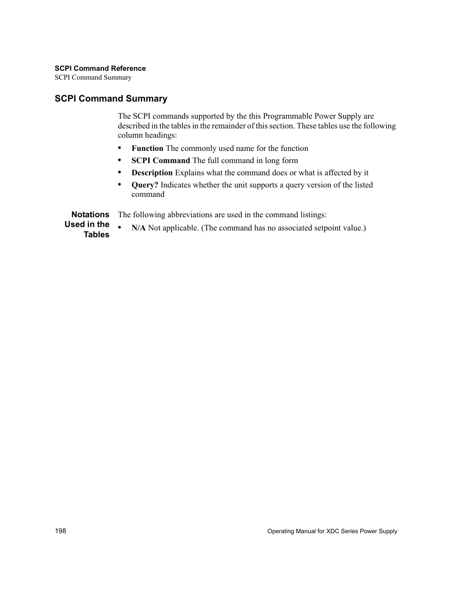 Scpi command summary, Notations used in the tables | Xantrex Technology XDC User Manual | Page 200 / 254