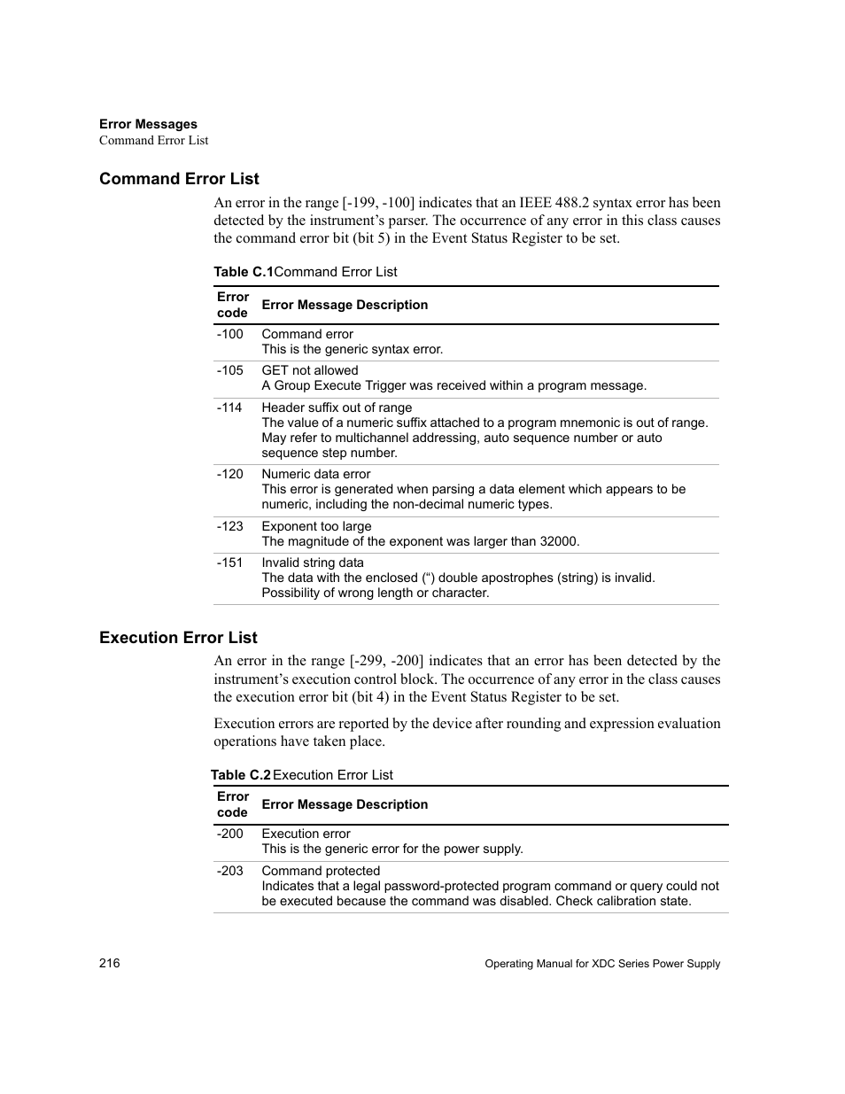 Command error list, Execution error list, Command error list execution error list | Table c.1, Table c.2, Execution error list” on, For possible error codes | Xantrex Technology XDC User Manual | Page 218 / 254