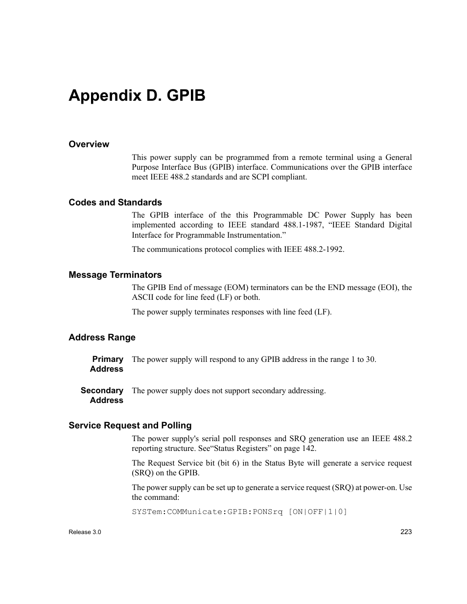 Appendixd. gpib, Overview, Codes and standards | Message terminators, Address range, Primary address, Secondary address, Service request and polling, Appendix d. gpib, Primary address secondary address | Xantrex Technology XDC User Manual | Page 225 / 254