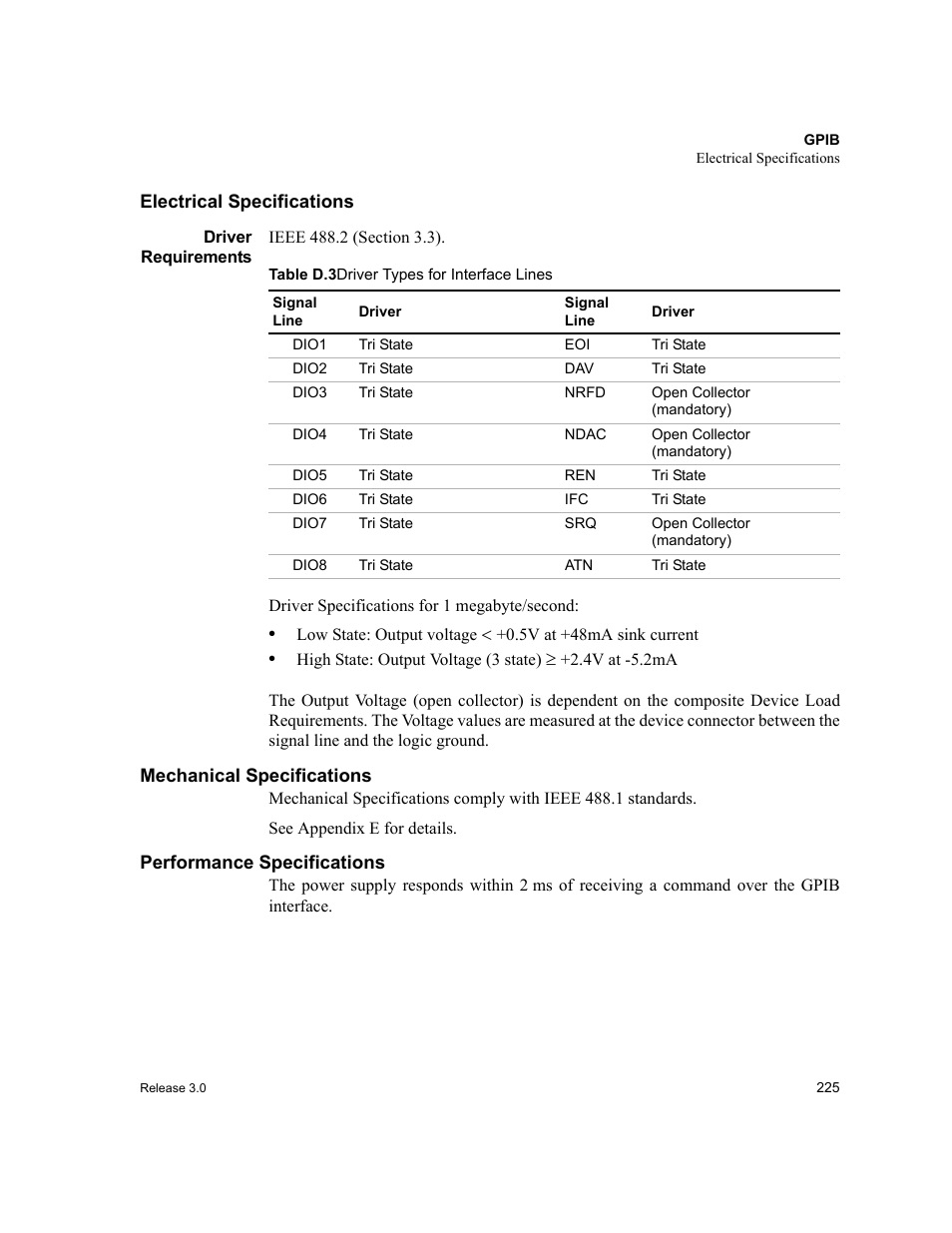 Electrical specifications, Driver requirements, Mechanical specifications | Performance specifications, Table d.3, Driver types for interface lines | Xantrex Technology XDC User Manual | Page 227 / 254