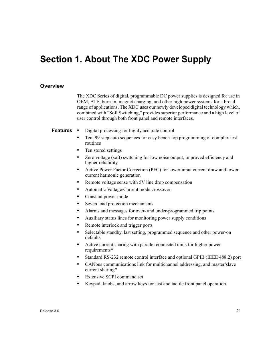 Section 1. about the xdc power supply, Overview, Features | Section 1. about the xdc power supply | Xantrex Technology XDC User Manual | Page 23 / 254