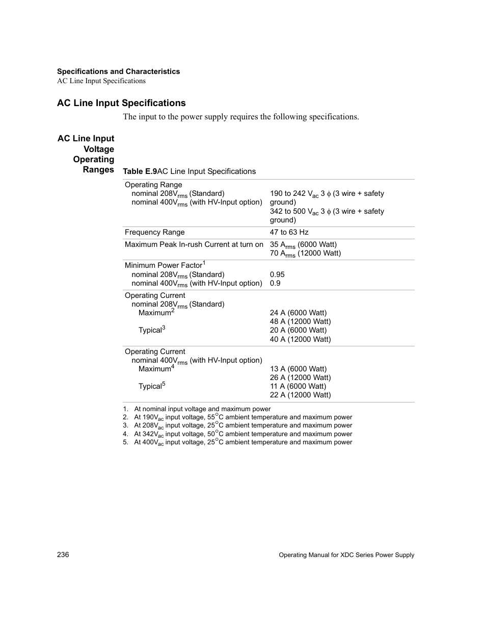 Ac line input specifications, Ac line input voltage operating ranges, Table e.9 | Xantrex Technology XDC User Manual | Page 238 / 254
