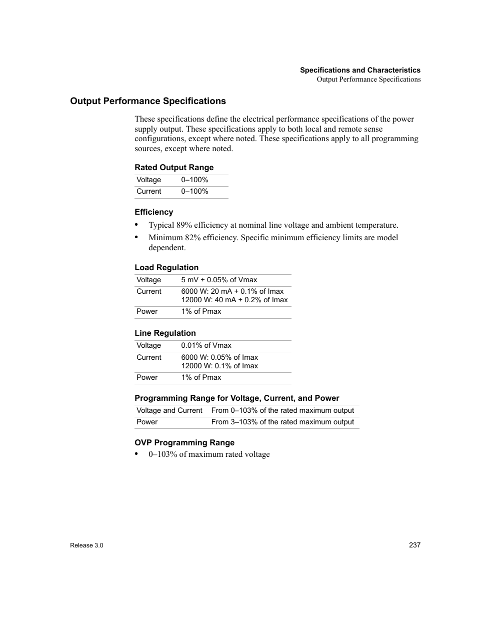 Output performance specifications, Rated output range, Efficiency | Load regulation, Line regulation, Programming range for voltage, current, and power, Ovp programming range | Xantrex Technology XDC User Manual | Page 239 / 254