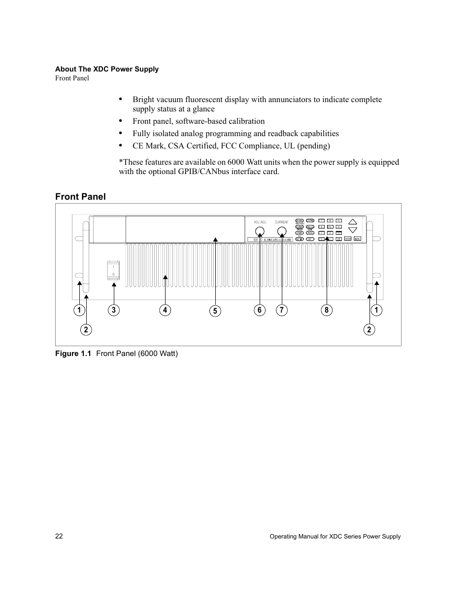 Front panel, Figure 1.1 front panel (6000watt), Figure 1.1 | Front panel (6000 watt) | Xantrex Technology XDC User Manual | Page 24 / 254