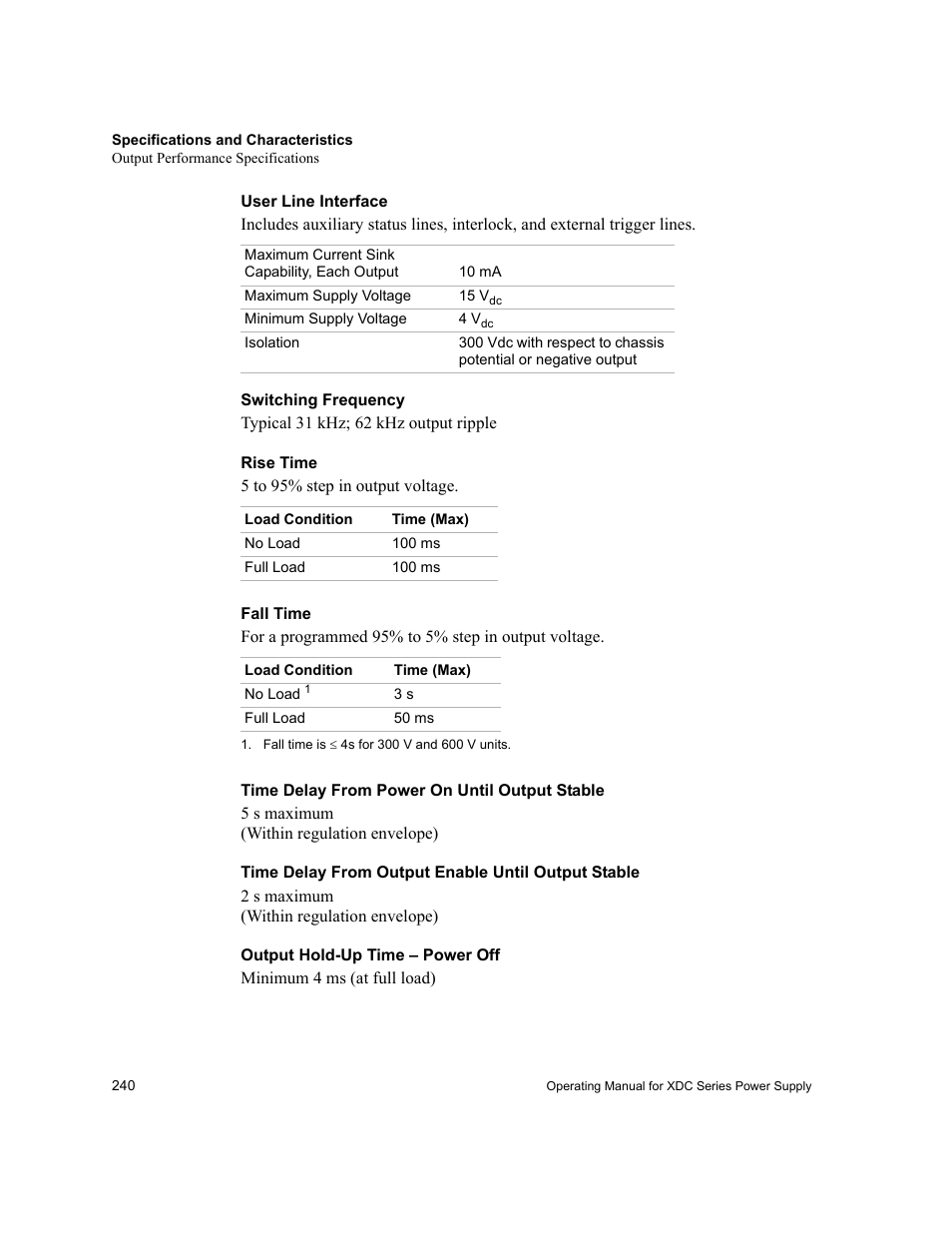 User line interface, Switching frequency, Rise time | Fall time, Time delay from power on until output stable, Time delay from output enable until output stable, Output hold-up time – power off | Xantrex Technology XDC User Manual | Page 242 / 254