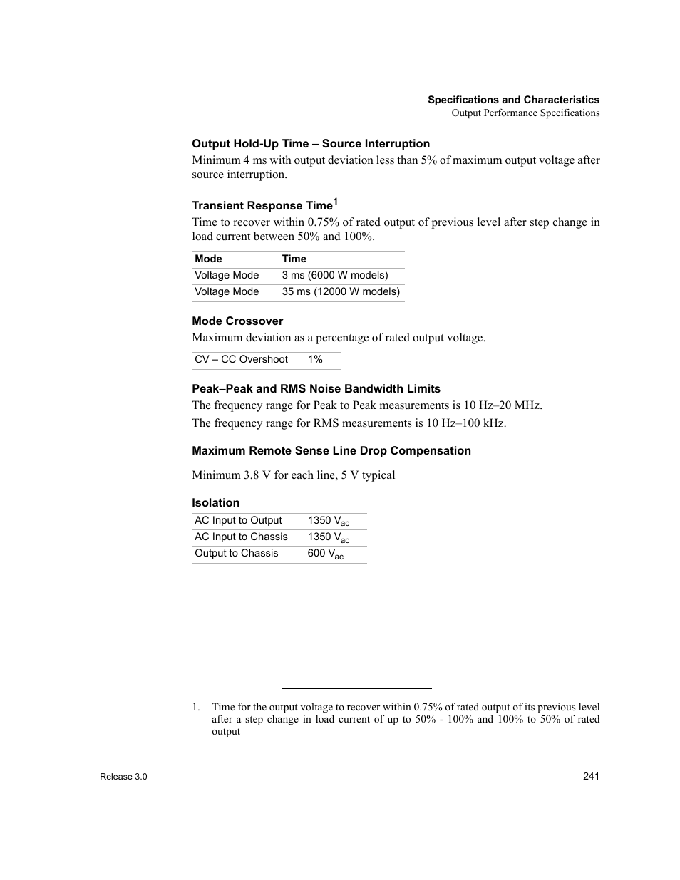 Output hold-up time – source interruption, Transient response time, Mode crossover | Peak–peak and rms noise bandwidth limits, Maximum remote sense line drop compensation, Isolation | Xantrex Technology XDC User Manual | Page 243 / 254