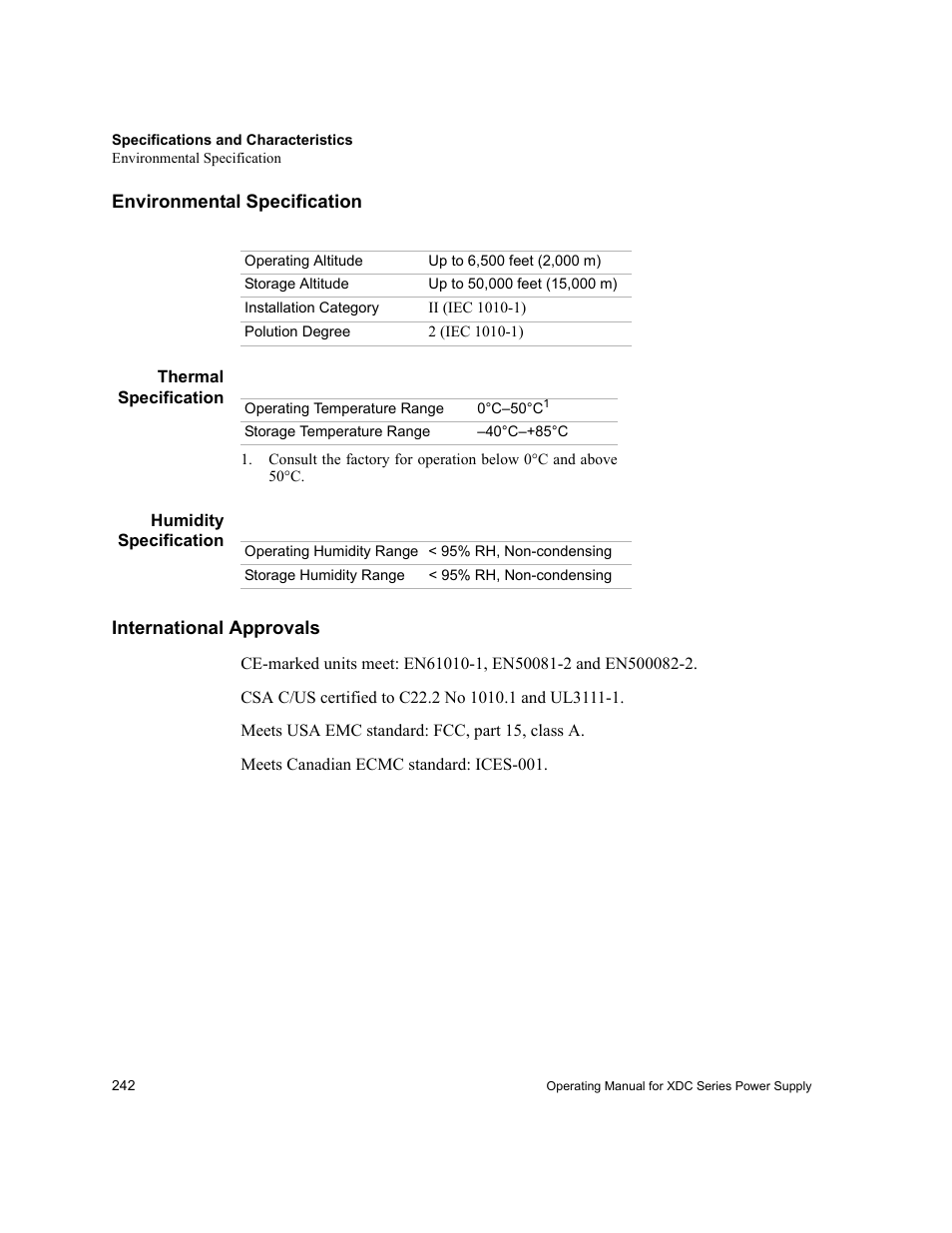 Environmental specification, Thermal specification, Humidity specification | International approvals, Thermal specification humidity specification | Xantrex Technology XDC User Manual | Page 244 / 254