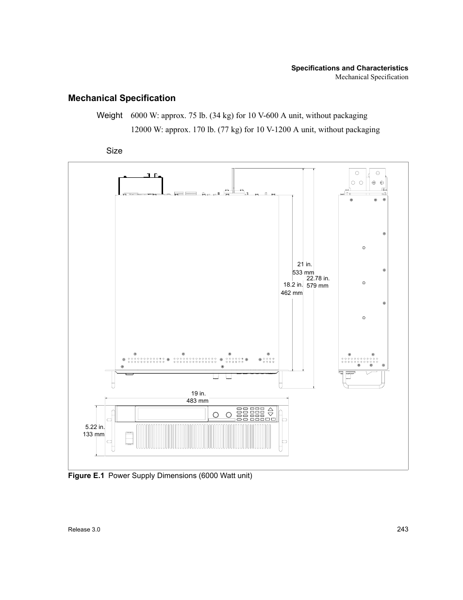Mechanical specification, Weight, Size | Figure e.1, Power supply dimensions (6000 watt unit) | Xantrex Technology XDC User Manual | Page 245 / 254