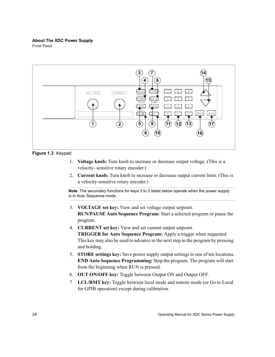Figure 1.3 keypad, Note, Figure 1.3 | Keypad | Xantrex Technology XDC User Manual | Page 26 / 254
