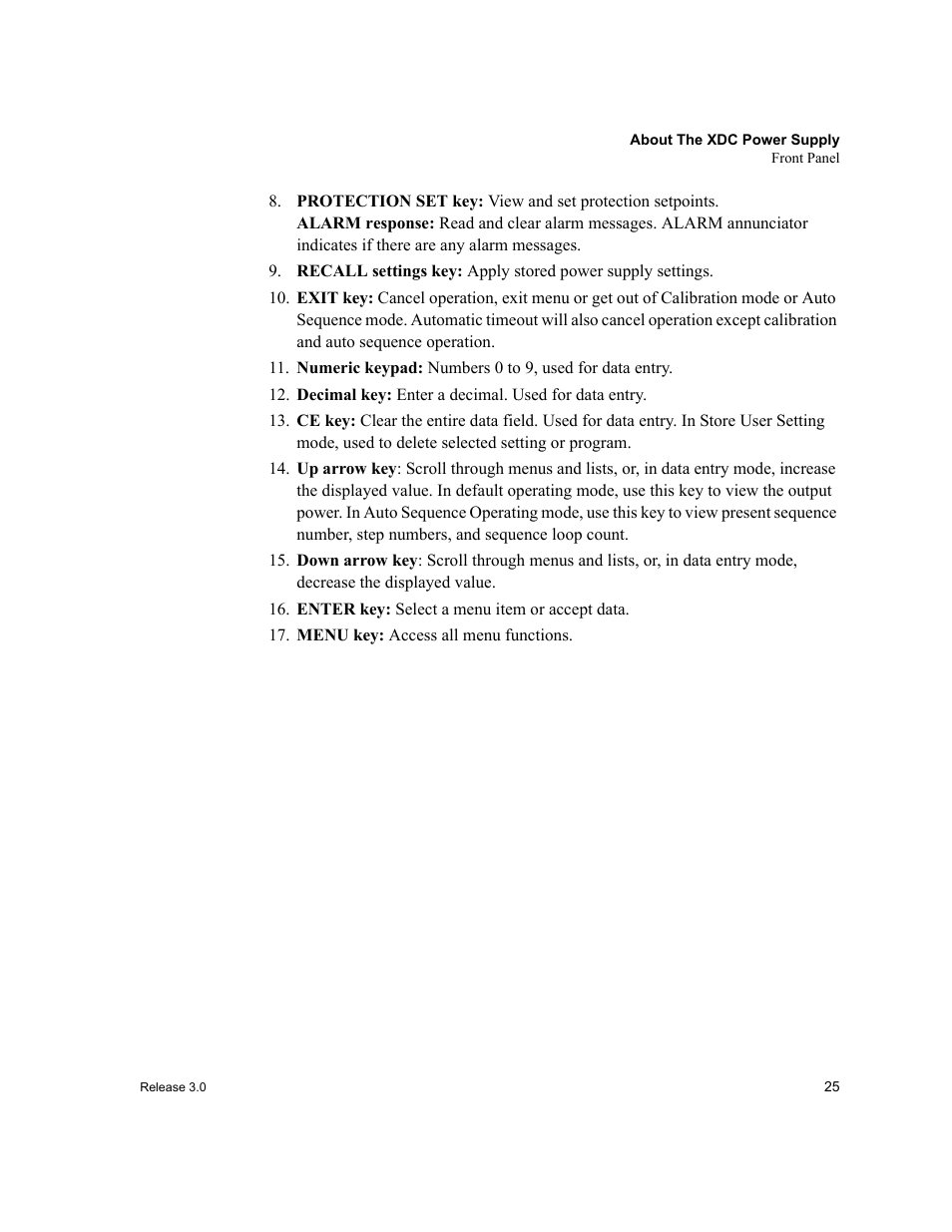Decimal key: enter a decimal. used for data entry, Enter key: select a menu item or accept data, Menu key: access all menu functions | Xantrex Technology XDC User Manual | Page 27 / 254