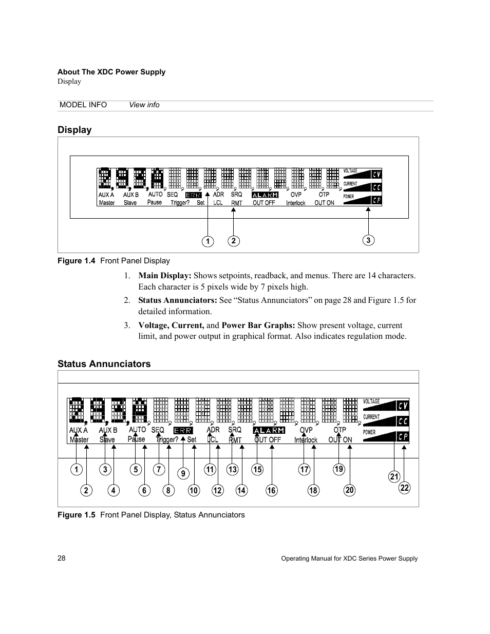 Display, Figure 1.4 front panel display, Status annunciators | Display status annunciators, Figure 1.4, Front panel display, Figure 1.5, Front panel display, status annunciators | Xantrex Technology XDC User Manual | Page 30 / 254