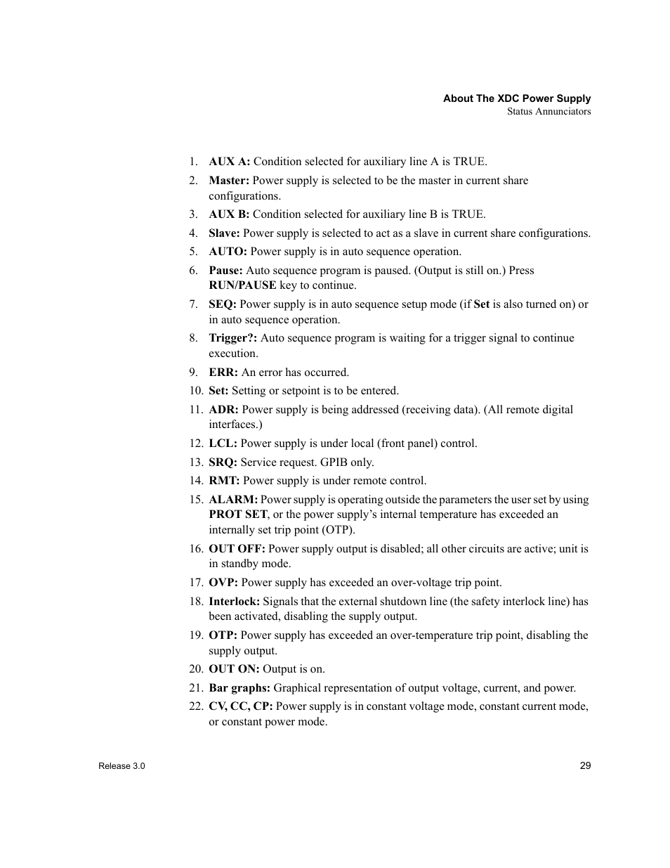Auto: power supply is in auto sequence operation, Err: an error has occurred, Set: setting or setpoint is to be entered | Srq: service request. gpib only, Rmt: power supply is under remote control, Out on: output is on | Xantrex Technology XDC User Manual | Page 31 / 254