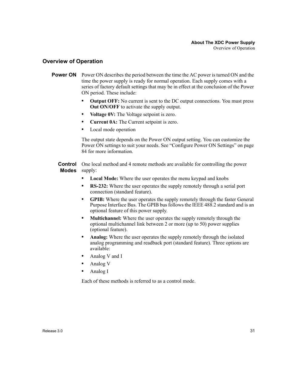 Overview of operation, Power on, Control modes | Power on control modes | Xantrex Technology XDC User Manual | Page 33 / 254