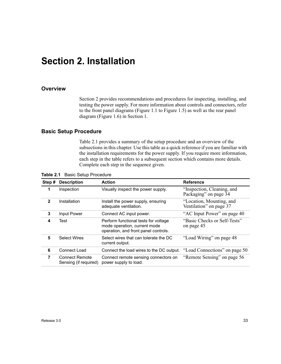 Section 2. installation, Overview, Basic setup procedure | Section 2. installation, Overview basic setup procedure, Table 2.1 | Xantrex Technology XDC User Manual | Page 35 / 254