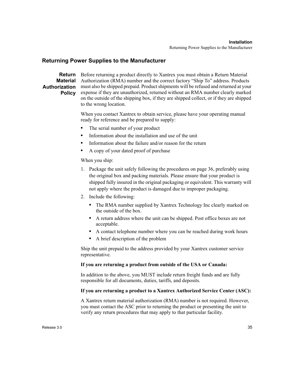 Returning power supplies to the manufacturer, Return material authorization policy, Include the following | Xantrex Technology XDC User Manual | Page 37 / 254