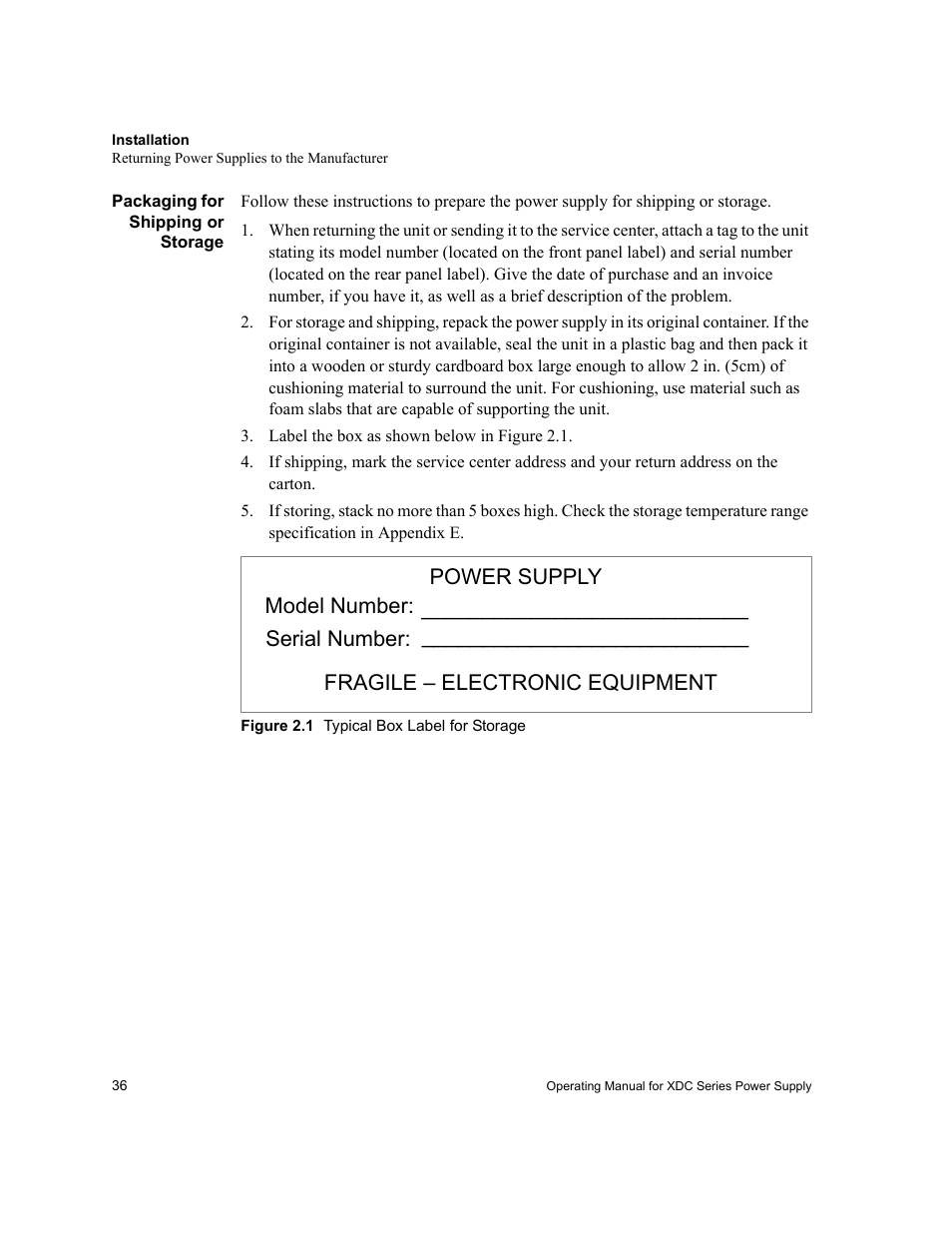 Packaging for shipping or storage, Label the box as shown below in figure2.1, Figure 2.1 typical box label for storage | Figure 2.1, Typical box label for storage | Xantrex Technology XDC User Manual | Page 38 / 254