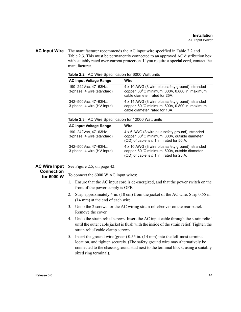 Ac input wire, Ac wire input connection for 6000w, Ac input wire ac wire input connection for 6000 w | Table 2.2, Ac wire specification for 6000 watt units, Table 2.3, Ac wire specification for 12000 watt units | Xantrex Technology XDC User Manual | Page 43 / 254