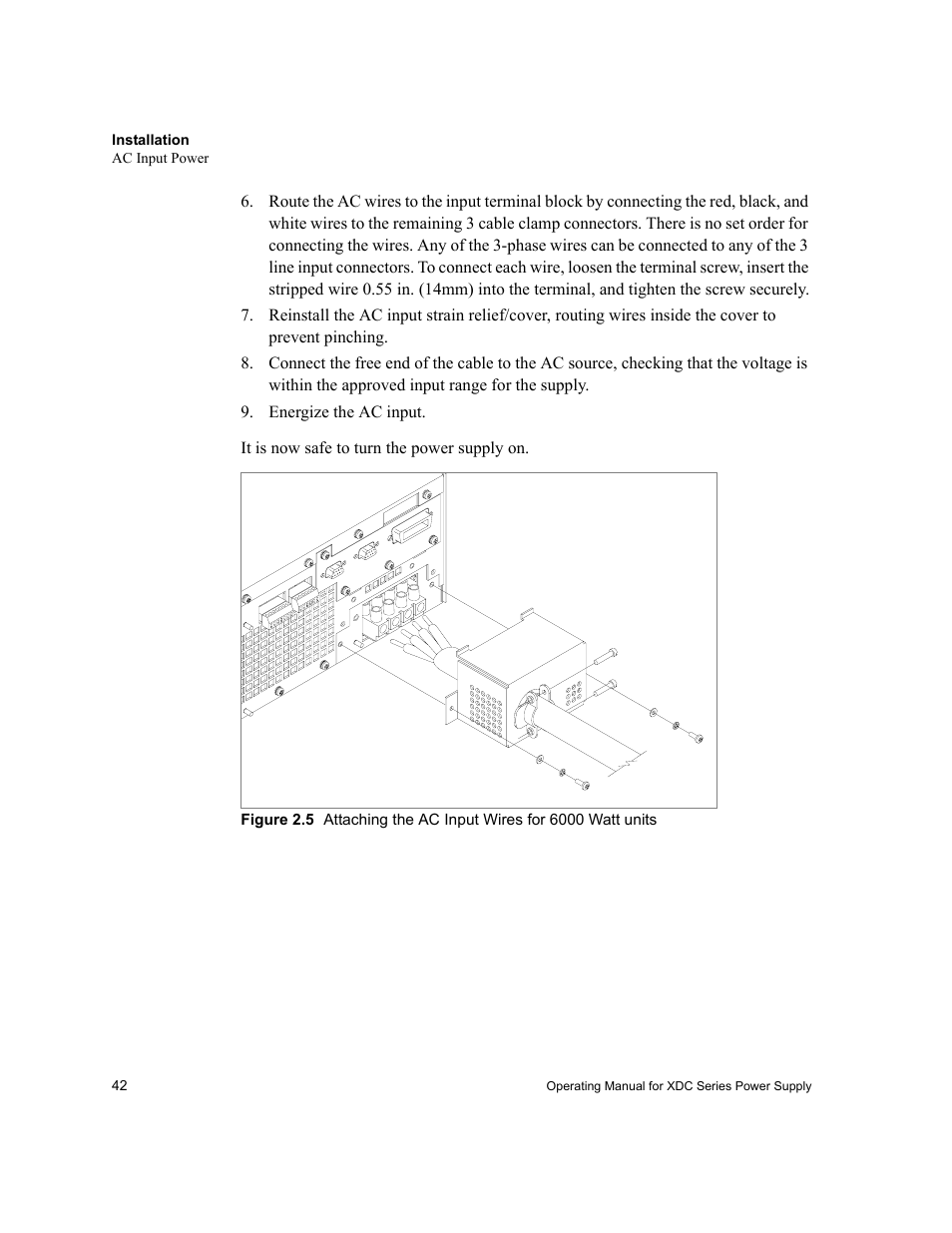 Energize the ac input, Figure 2.5, Attaching the ac input wires for 6000 watt units | Xantrex Technology XDC User Manual | Page 44 / 254