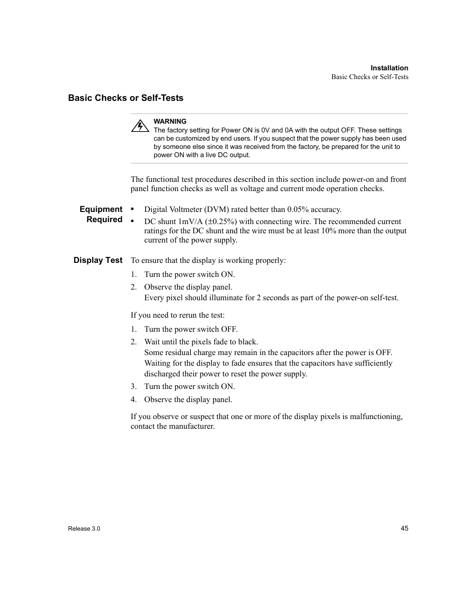 Basic checks or self-tests, Equipment required, Display test | Turn the power switch on, Turn the power switch off, Observe the display panel, Equipment required display test | Xantrex Technology XDC User Manual | Page 47 / 254